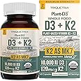 Organic Plant D3 + K2 | 10000 IU D3 + 120 mcg K2 as All-Trans MK7 from MenaQ7® - 100% Whole Food, Raw & Vegan | Enhanced Digestion with Prebiotic & Superfood Complex – D3 from Organic Algae (60 Count)