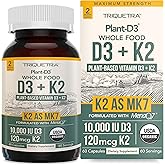 Organic Plant D3 + K2 | 10000 IU D3 + 120 mcg K2 as All-Trans MK7 from MenaQ7® - 100% Whole Food, Raw & Vegan | Enhanced Digestion with Prebiotic & Superfood Complex – D3 from Organic Algae (60 Count)