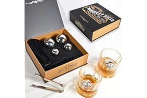 G & J'S FINEST Premium Whiskey Balls Gift Set – 4 Stainless Steel Whiskey Chilling Balls (2 Large 2–2.2″ & 2 Small 1.5″), Freezer Pouch, & Tongs – Gift for Men, Bourbon & Scotch Lovers (Not-Solid)