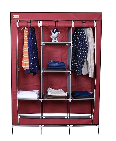 Kurtzy Microfiber Foldable Portable Collapsible Wardrobe with 6 Cabinet and 2 Long Shelves Organizer Hanging Rail Rack (Red)