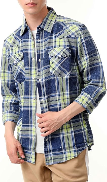 Amazon トップイズム インディゴ 染め チェック シャツ 綿100 ウエスタン メンズ シャツ 7分袖 6 イエローケミカル 7分袖 Lサイズ シャツ 通販