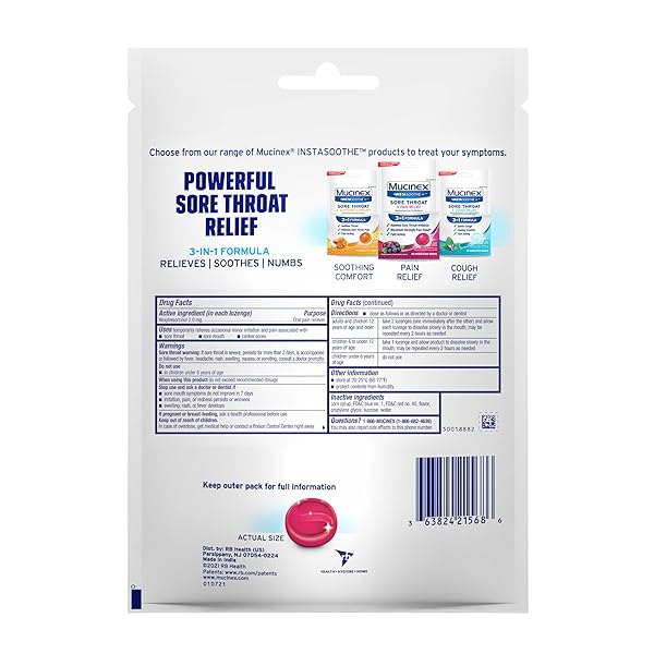 MUCINEX INSTASOOTHE SORE THROAT RELIEF, SORE THROAT LOZENGES, SORE THROAT MEDICINE WITH HEXYLRESORCINOL, COUGH DROPS ALTERNATIVE, 40 ELDERBERRY & WILD CHERRY MEDICATED NUMBING THROAT DROPS