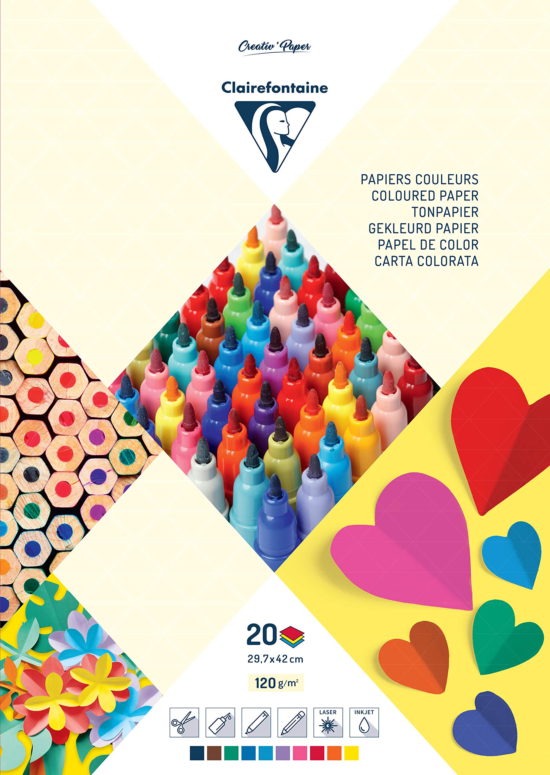Clairefontaine 97148C Pad of 20 Sheets of Coloured Paper Format A3 (29,7x42cm) Paper 120g/m² Crafts Drawings Creative Leisure Children Adults 10 Ast Colours