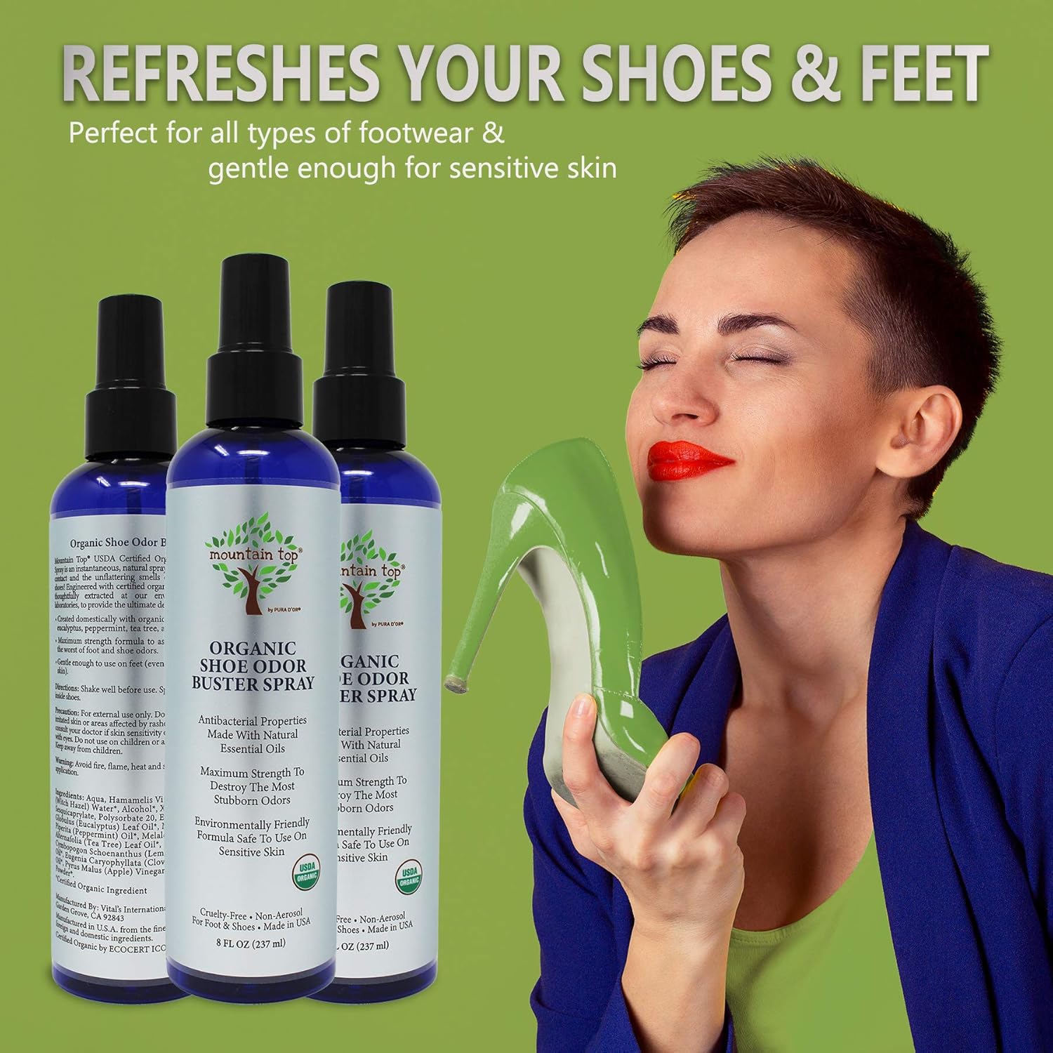 MOUNTAIN TOP Shoe Odor Buster Spray (8 oz / 237 ml) USD Organic - Maximum Strength Foot & Shoe Deodorizer with Eucalyptus, Peppermint, Tea Tree & Lemongrass Oils : Beauty