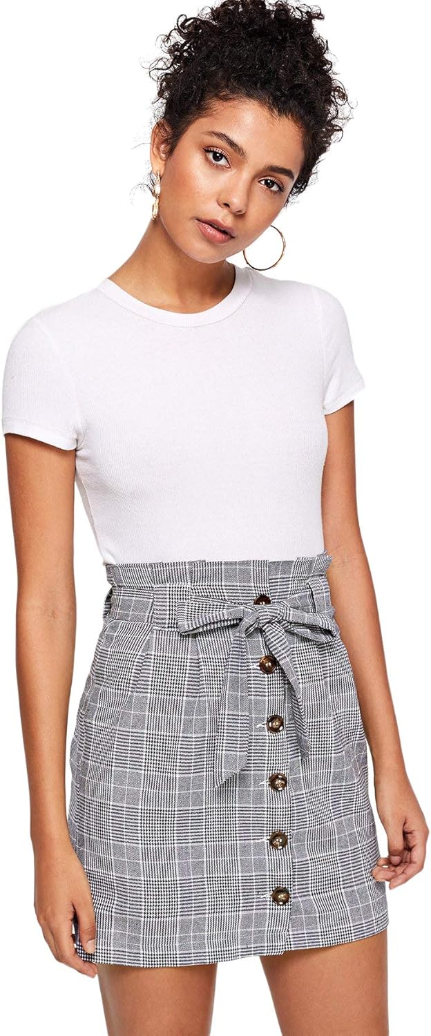 WDIRARA Women's Casual Plaid High Waist Button Closure A-line Mini Short Skirt: Clothing