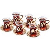 Alisveristime (SET OF 6) Turkish Tea Set with Zamac Holders, Glass Cups, and Saucers, 100ml Capacity, Elegant Serving Set in Gold and Silver (Harman) (Gold)