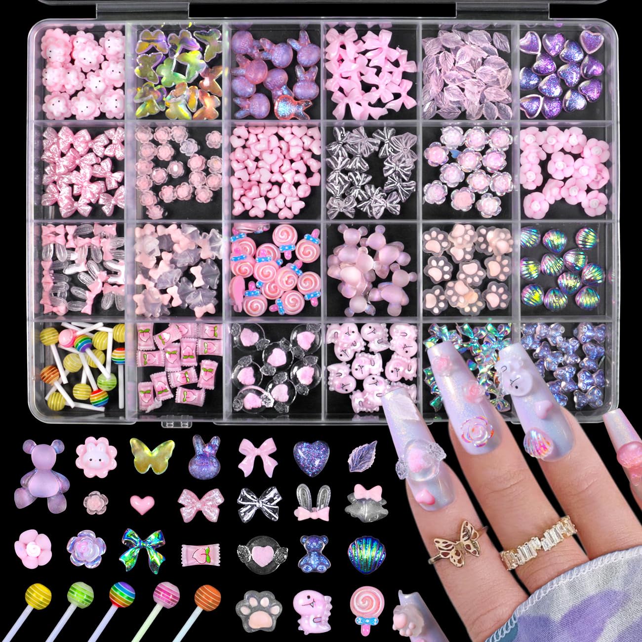 3D Mix Assorted Color Acrylic Multi Cute Nail Art Charms Hollow Candy Jewelry Supplies for Nail Art Design DIY Crafts Accessories (Pink Candy)