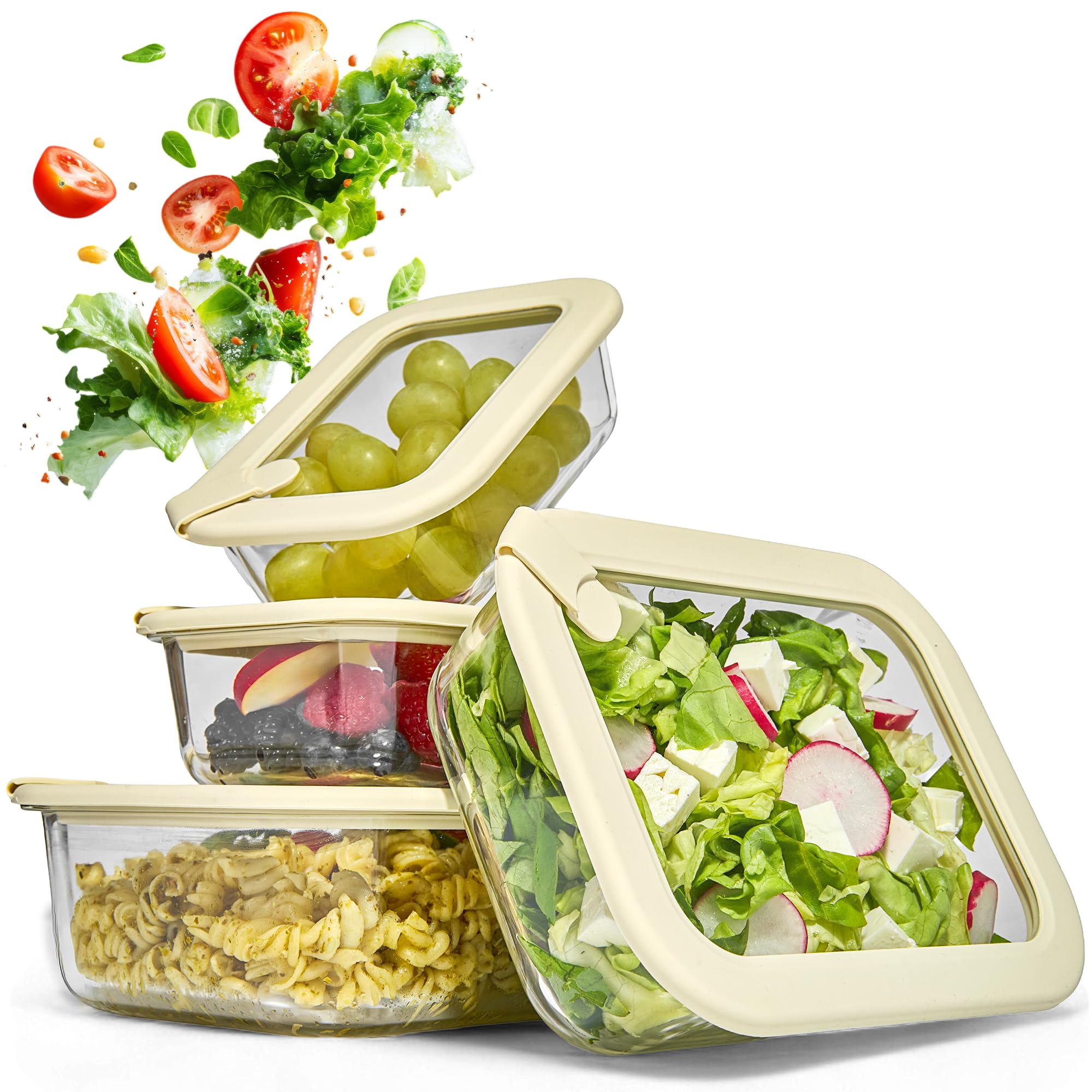 Dalena Home Frischhaltedosen Set 1x370ml, 1x640ml, 1x1020ml, 1x1520ml – Borosilikatglas, Glasbehälter luftdicht & mikrowellengeeignet, Meal Prep, Kühlschrank Organizer, Aufbewahrung Küche