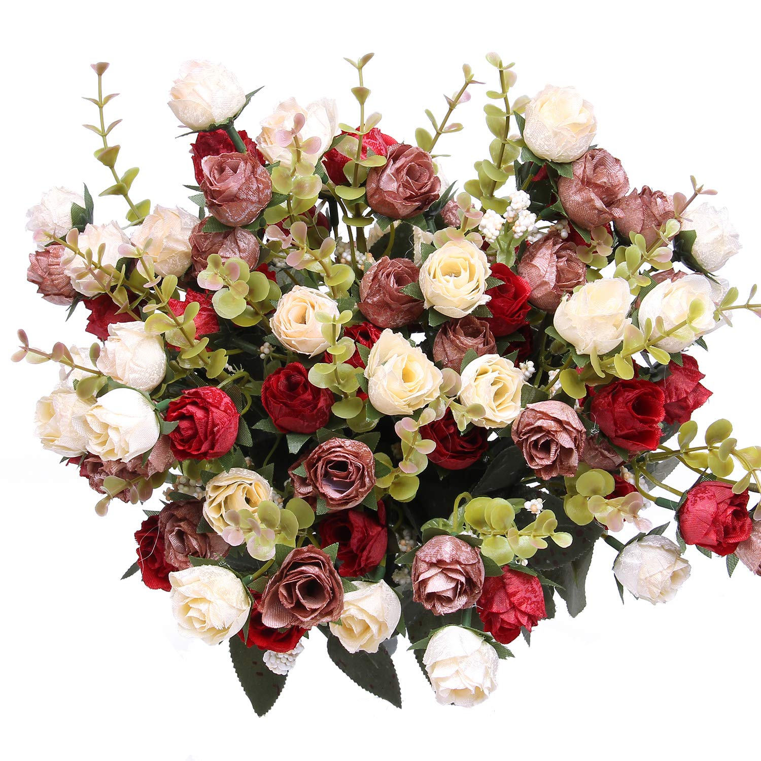 Flojery 21 Heads Silk Rose Bouquet Artificial Flowers Mini Rose for DIY Wedding Bouquets Centerpieces Bridal Shower Party Home Decorations,Pack of 4 （Red）