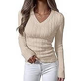 ANRABESS Womens Long Sleeve Cable Knit Sweater 2025 Fall Fashion V Neck Fitted Pullover Top Business Casual Work Fall Outfits