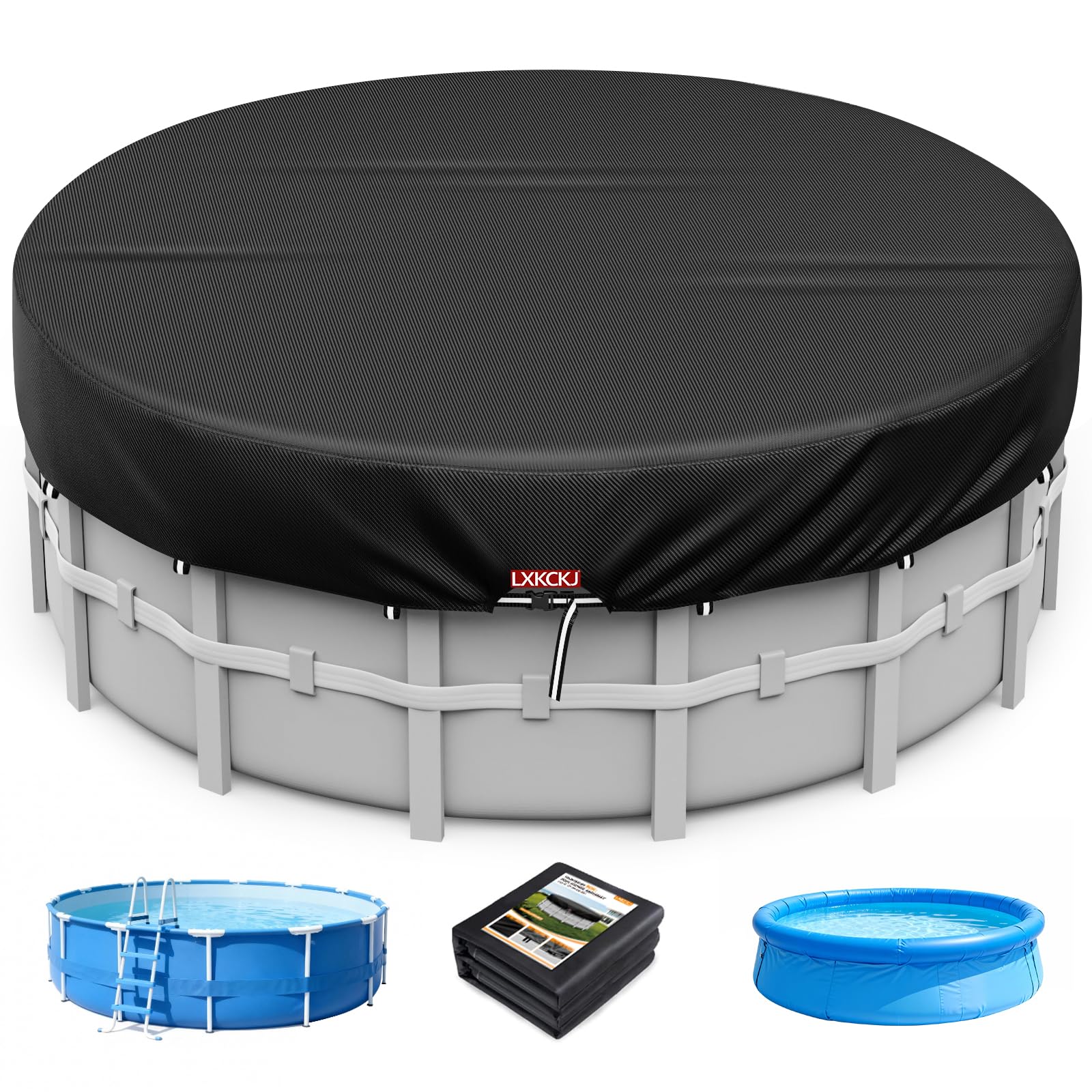 LXKCKJ 10 Ft Round Pool Cover, Solar Covers for Above Ground Pools, Inground Pool Cover Protector with Drawstring Design Increase Stability, Hot Tub Cover Ideal for Waterproof and Dustproof (Black)