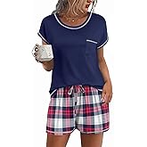 Ekouaer Pajama Set for Women Short Sleeve Tops and Shorts Set 2 Piece Pjs Classic Loungewear with Pockets