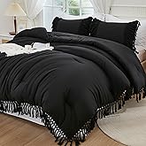 Andency Black Comforter Set King, 3 Pieces Boho Tassel Lightweight Soft Bedding Comforter Sets for King Bed, All Season Fluffy Fringe Bed Set (104x90In Comforter & 2 Pillowcases)
