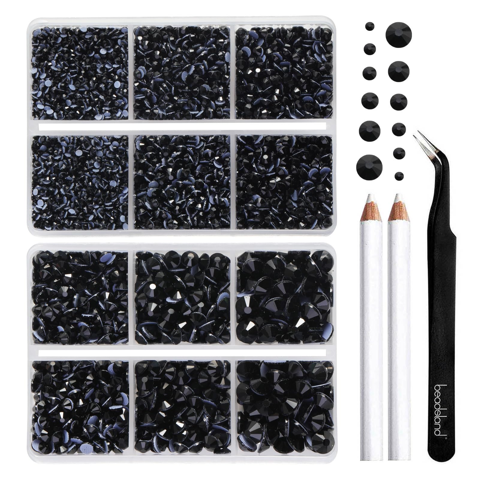 BEADSLAND Hotfix Rhinestones, 6080PCS Black Rhinestones for Clothes Crafts Mixed 6 Sizes with Wax Pencil and Tweezers Kit, SS6-SS30,Jet Black