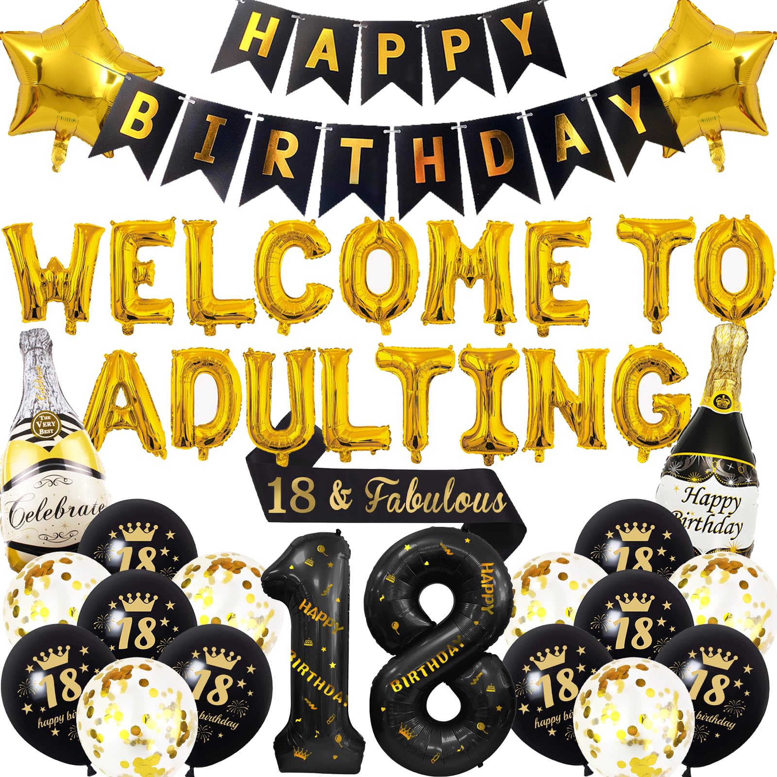 Photo 1 of 18th Birthday Decorations Boys Girls - 41 Black Gold Balloons Banner Letter Welcome To Adulting Number 18 Star Champagne Cofetti Balloons Sash Stickers For 18 Years Old Boys Girls Birthday Party