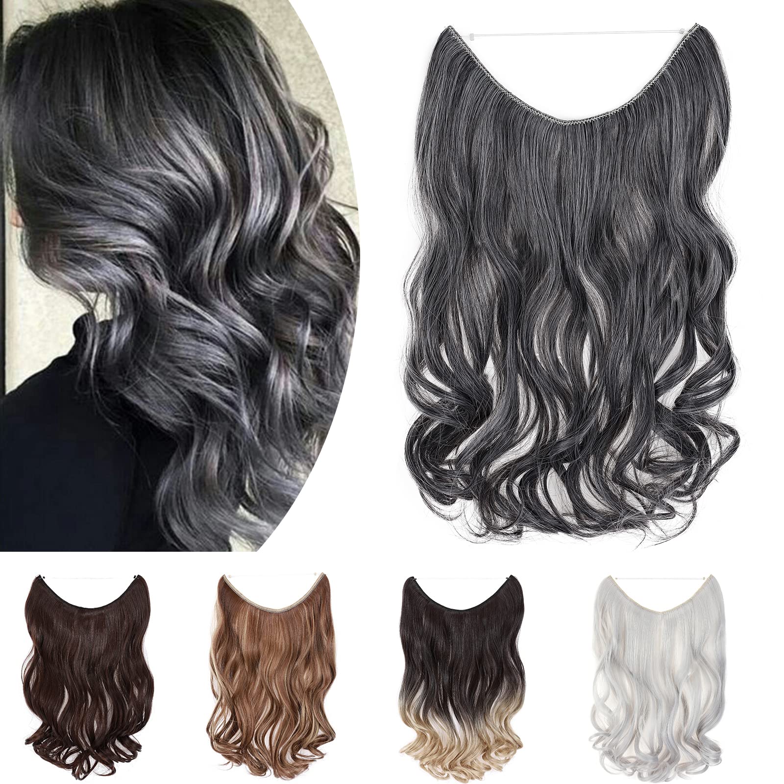 One Piece Wire In Hairpieces Matte Material Invisible Hair Extension Synthetic Wavy For Women Beauty, 20 Inch, Dark Brown Mix Silver Grey