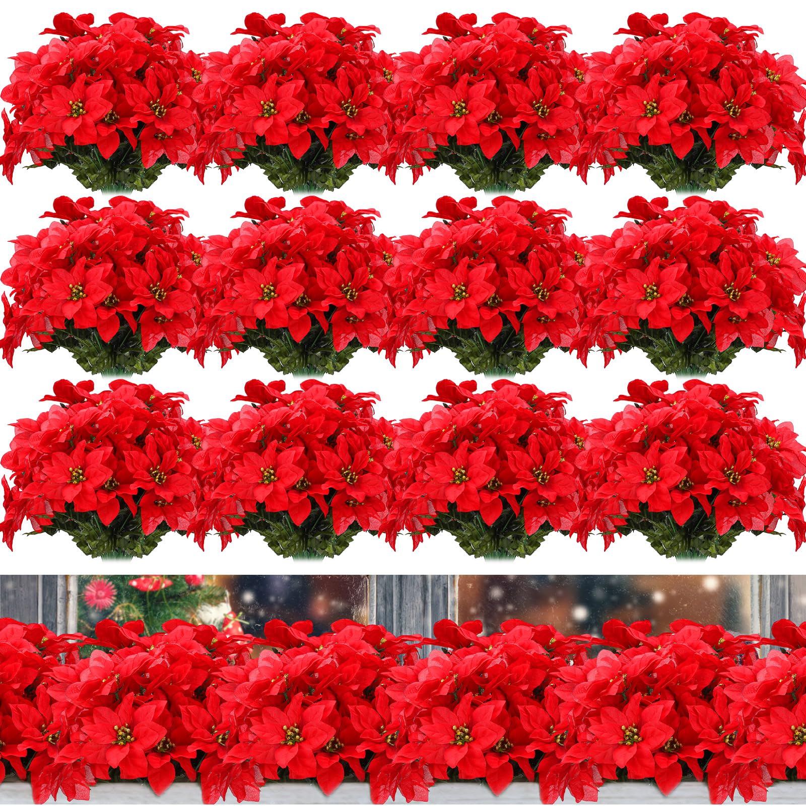 Photo 1 of meekoo 48 Pcs Christmas Artificial Poinsettia Flowers 7 Heads Fake Flowers with Stem Poinsettia Christmas Tree Ornaments for Home Wedding Party Table Courtyard Outdoor Cemetery Decoration (Red)