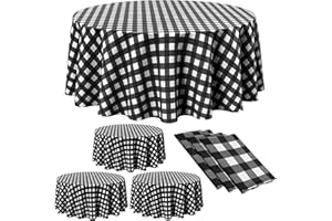Remagr Disposable Checkered Tablecloth Round Plastic Buffalo Plaid Table Cloth 84'' Gingham Tablecover for Picnic Camping BBQ Graduation Party (White and Black, 3 Pieces)