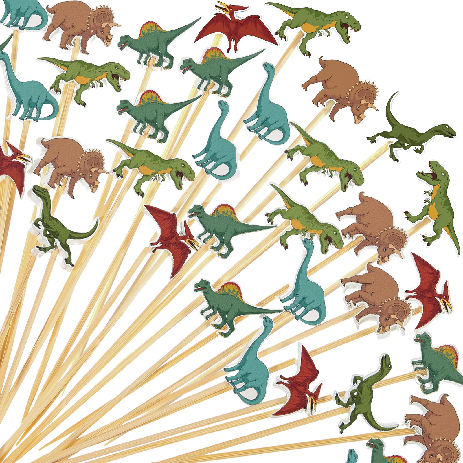 Photo 1 of Meanplan Dinosaur Cocktail Picks Dino Appetizers Picks Dino Party Toothpicks Bamboo Food Cupcake Toppers for Birthday Party Baby Shower Drink Fruit Dessert Cake Decoration(100 pieces)