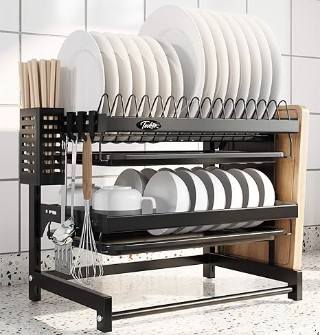 Amazon 最新版 食器 水切りかご ラック ステンレス製 スライド式 ワイド 大容量 箸立て 包丁スタンド まな板立て 上下に調整可能 水切りラック オンライン通販