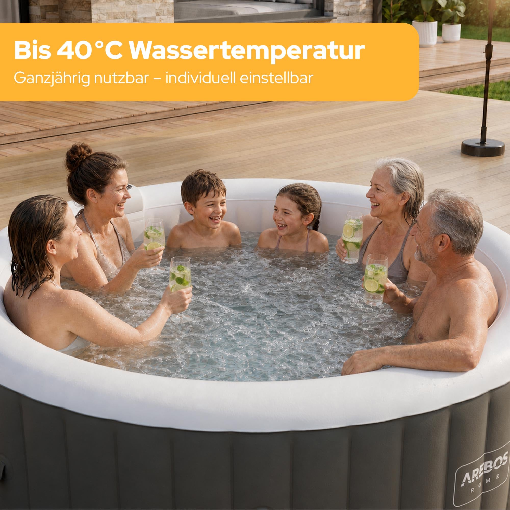 Arebos Whirlpool | aufblasbar | In- & Outdoor | 6 Personen | ⌀ 208 cm | 130 Massagedüsen | mit Heizung | 1.000 Liter | Inkl. Abdeckung | Bubble Spa & Wellness Massage 7