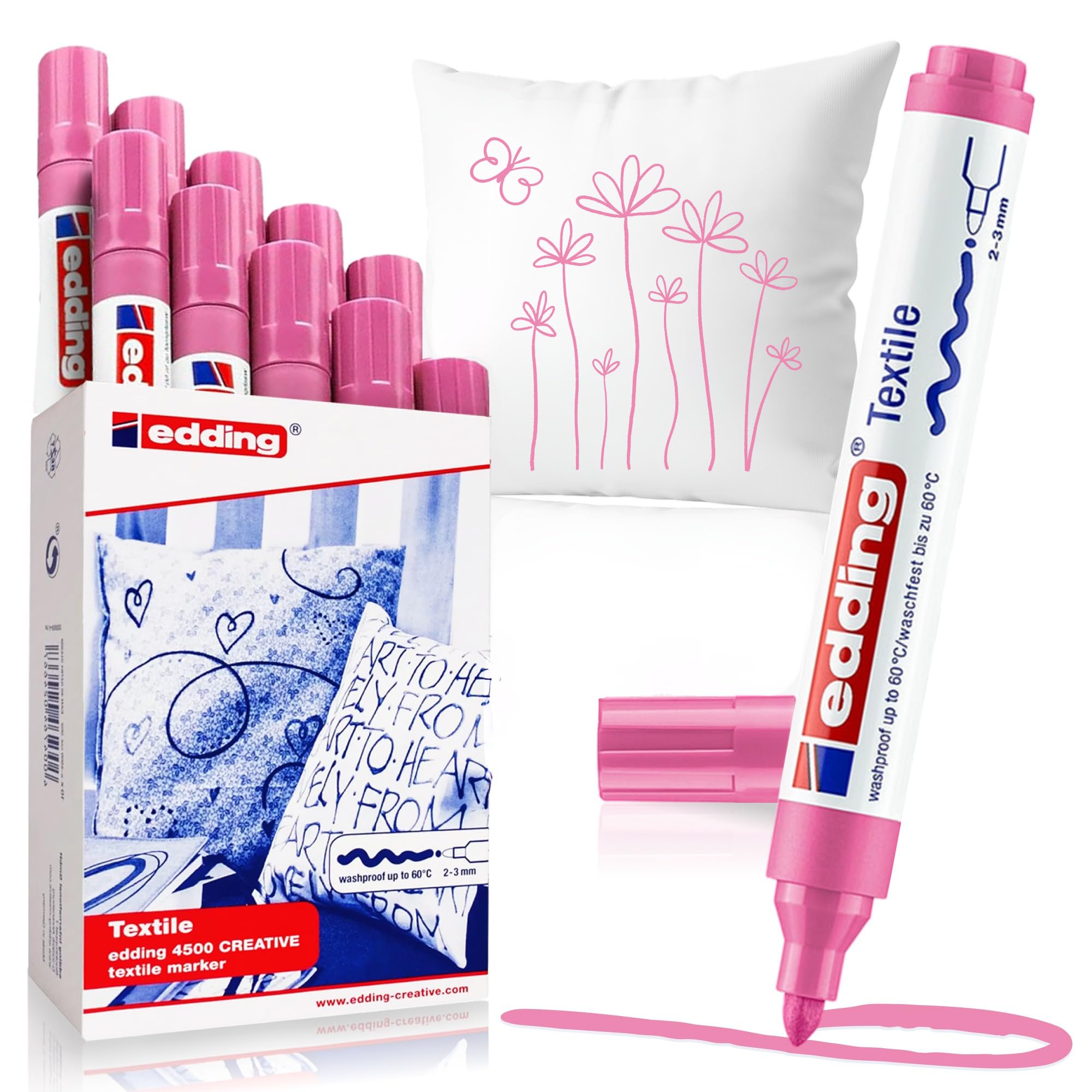 edding 4500 textile marker - pink - box of 10 - round nib 2-3 mm - permanent fabric markers for drawing on textiles, wash-resistant up to 60 °C - marker pens for fabric lettering