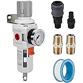 NANPU 1/2" NPT Compressed Air Filter Regulator Combo Piggyback, 5 Micron Brass Element, Poly Bowl, Semi-Auto Drain, Metal Bracket, 0-150 psi Gauge