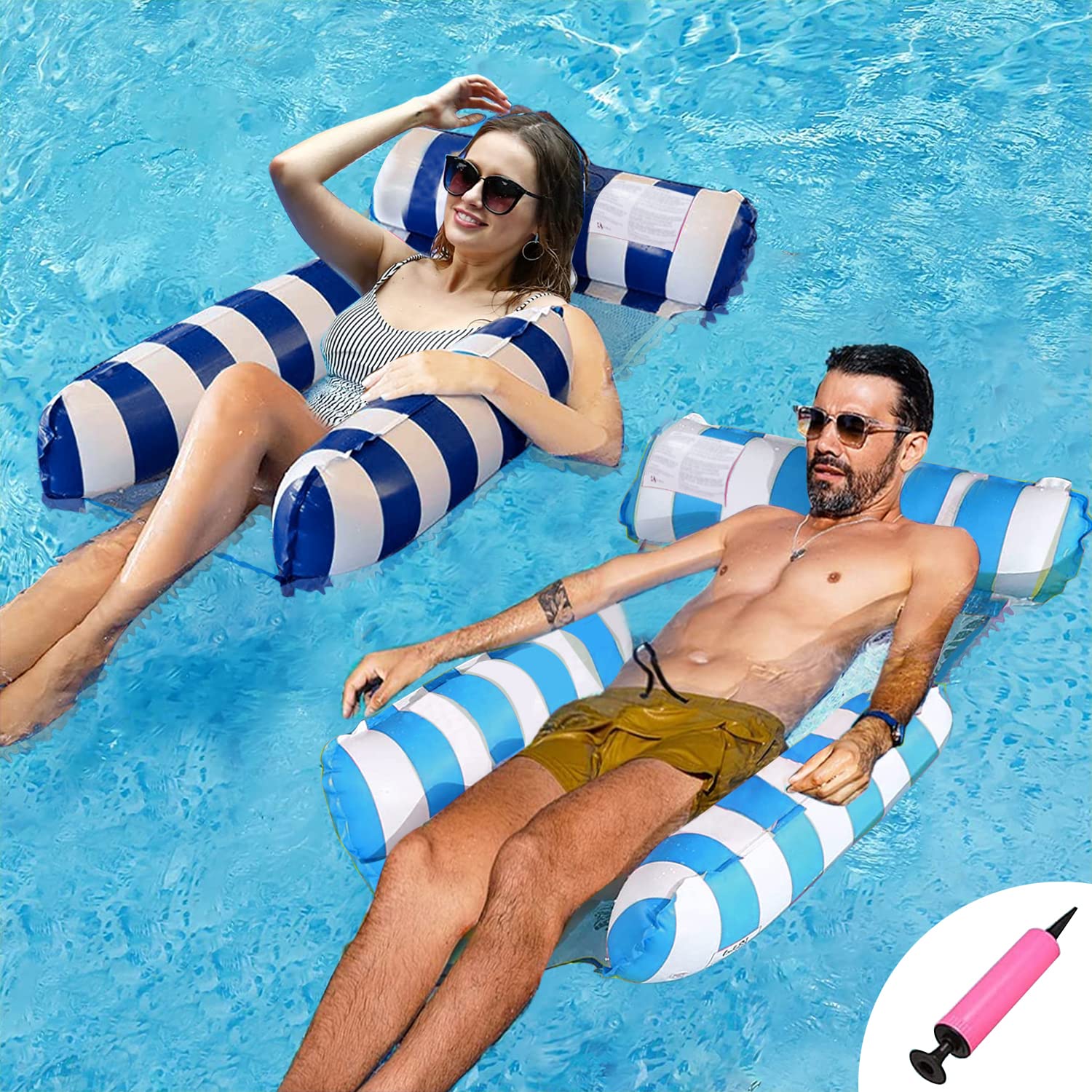 SHENGMEI Water Hammock Pool Inflatable Chairs Thicken 2 Pack, Inflatable Pool Rafts Floats for Adults Kids Swimming, Large Inflatable Floating with Bottom Mesh, Pool Bed Water Lounge, Blue