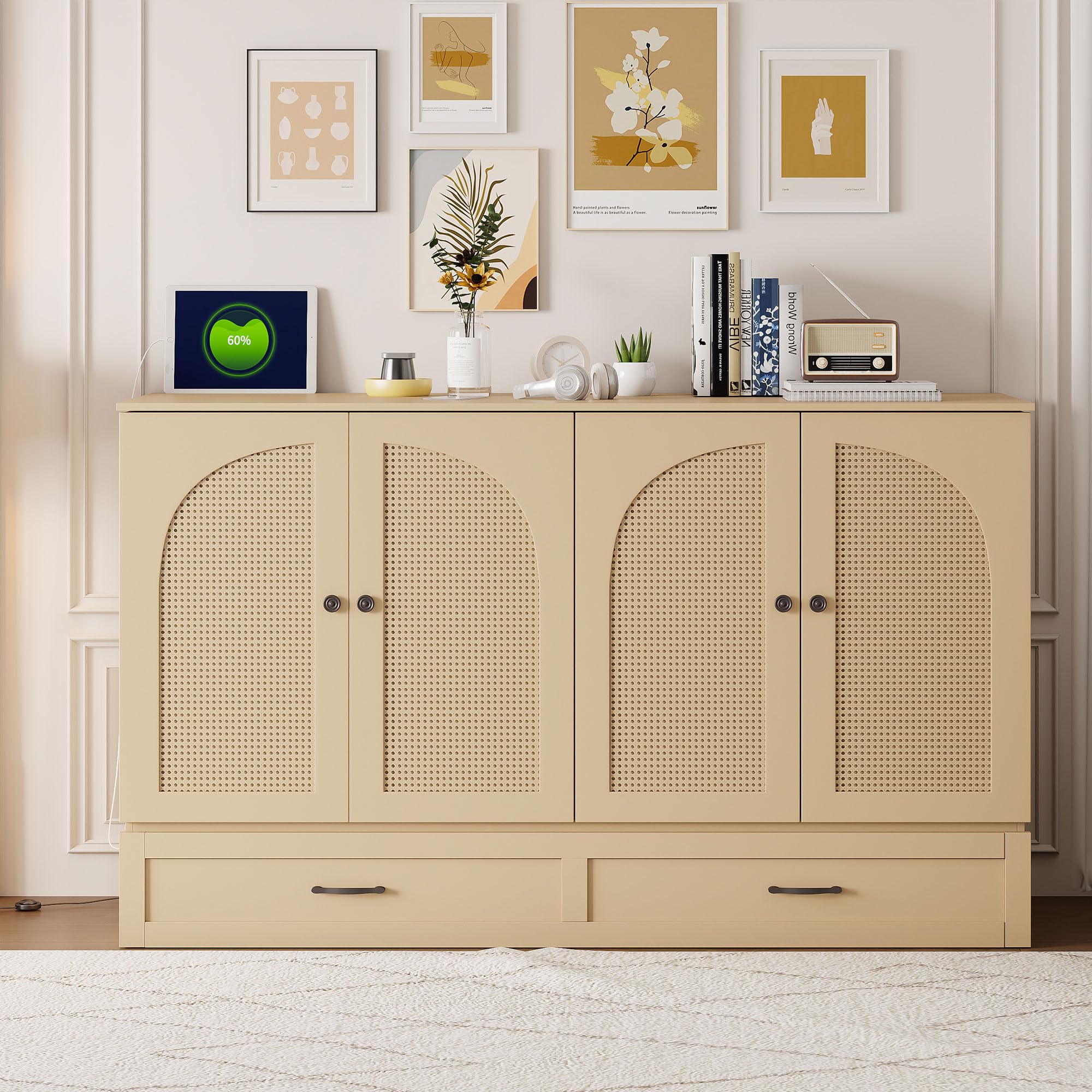 Photo 1 of Merax Queen Size Murphy Bed with Charging Station, Large Storage Drawer, Foldable Pull Out Murphy Chest Bed for Apartments, Bedrooms, Studio, No Spring Box Needed, Gold