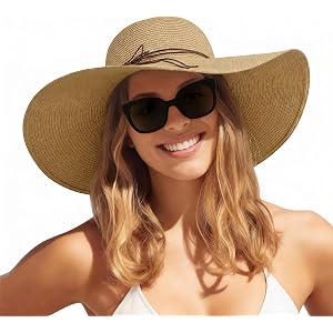 Womens Sun Straw Hat Wide Brim Floppy Foldable Hats Beach Travel Summer Vacation Hat UPF 50+