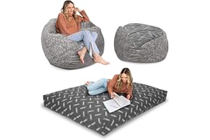 CordaRoy's Faux Fur Bean Bag-Convertible Bean Bag Chair & Bed-Machine-Washable Faux Fur Fabric Cover for Basement, Living Room, Game Room, Dorm & More - Queen Size - Grey | Made in The USA