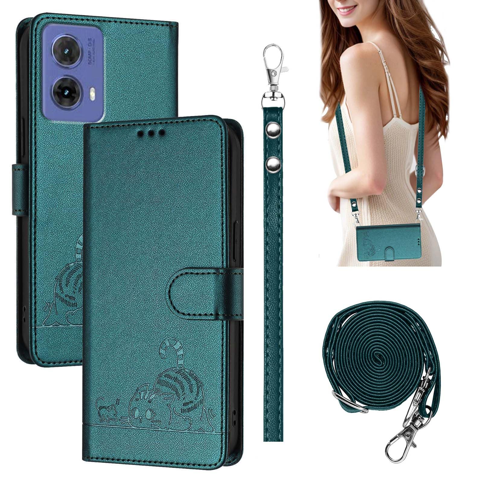 WBWONE Leather Case for Motorola Moto G85 5G Cover, Magnetic Wallet Phone Case with Card Holder + Long Rope, Flip Case/Cover with Stand - Dark Green