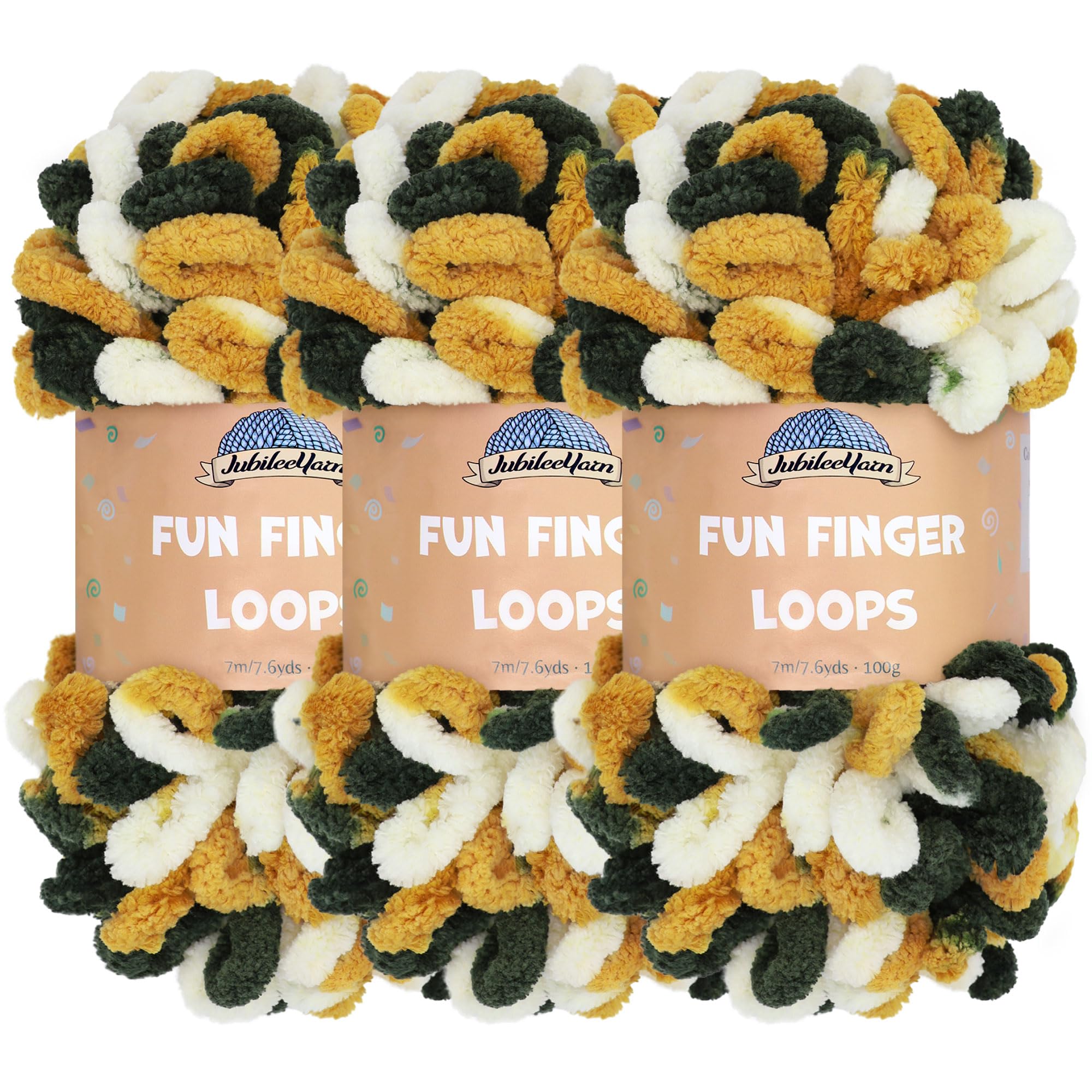 JubileeYarn Fun Finger Loops Yarn - Polyester Jumbo Weight Loop Yarn - 100g/Skein - Green Gold White - 3 Skeins
