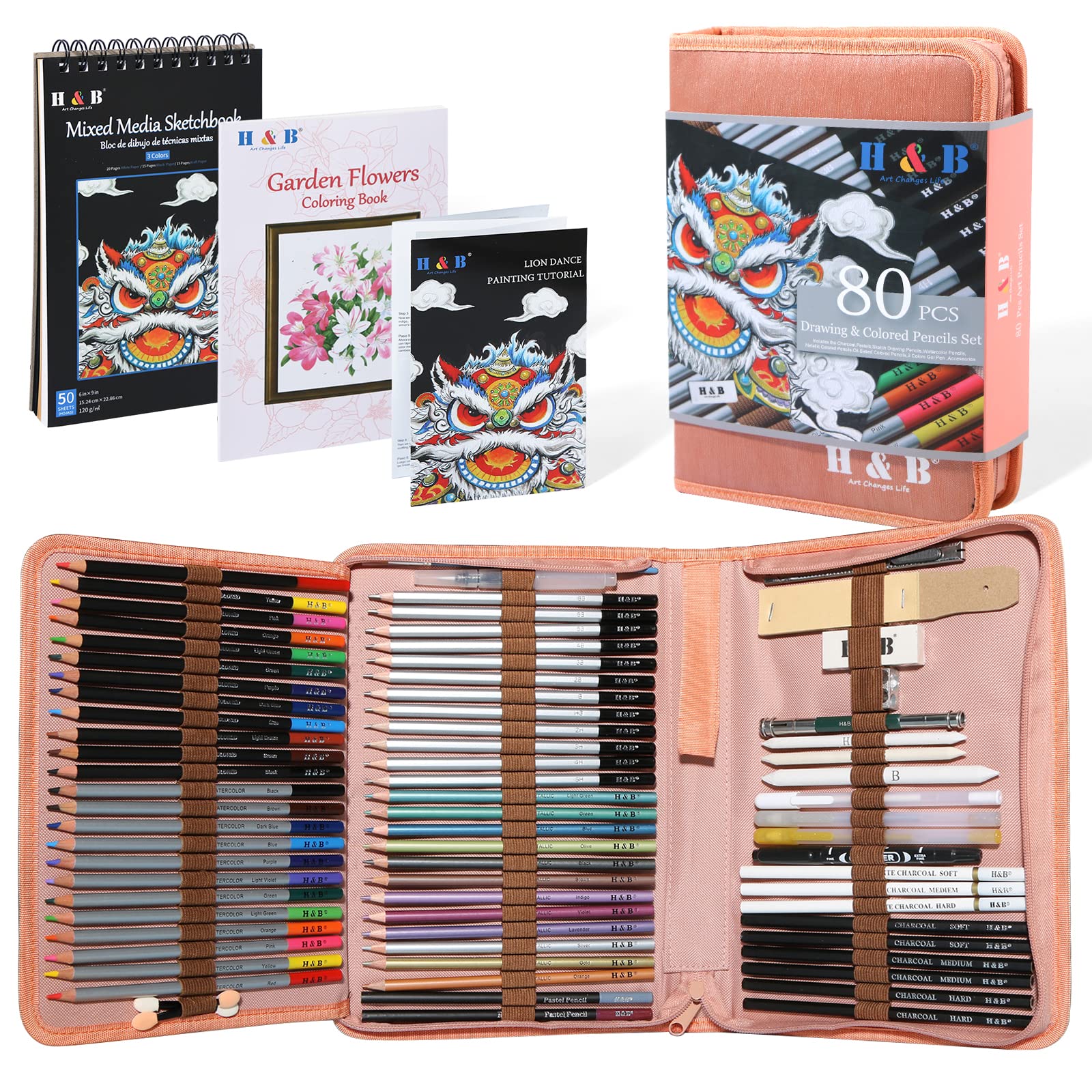 H & B 80pcs Drawing Set Sketching Pencil Set, Professional Colouring Pencils With Colouring Book,3 Colors Sketchbook,Art Supplies for Adults,Artists,Beginners — image 1