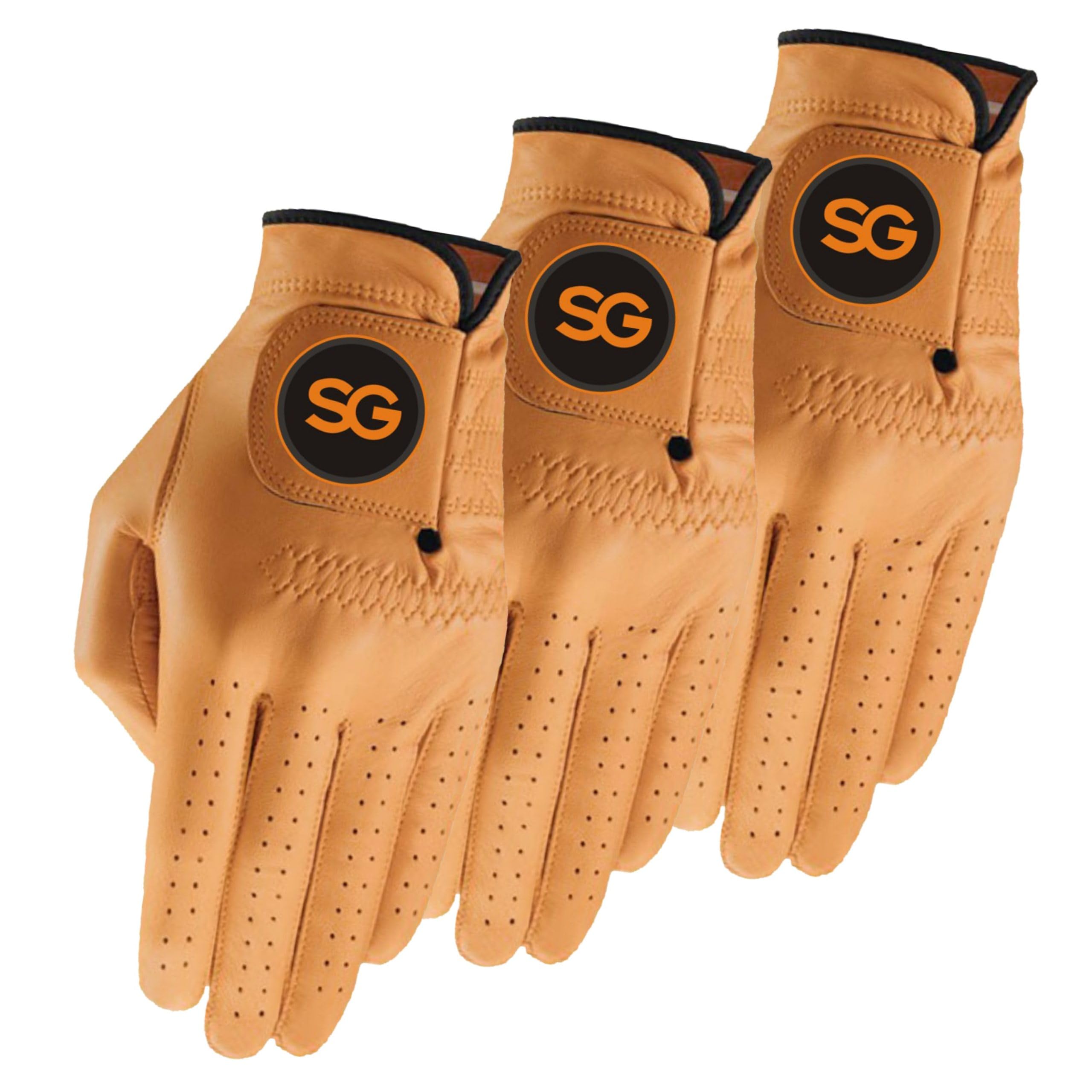 Golf Gloves Men -Cabretta Leather Pack of 3 Gloves – for All Weather Conditions – Soft Feel Grip, Breathable - Left/Right Handed Golfer – Vibrant Colours (Gold, Large, To Be Worn In Right Hand)