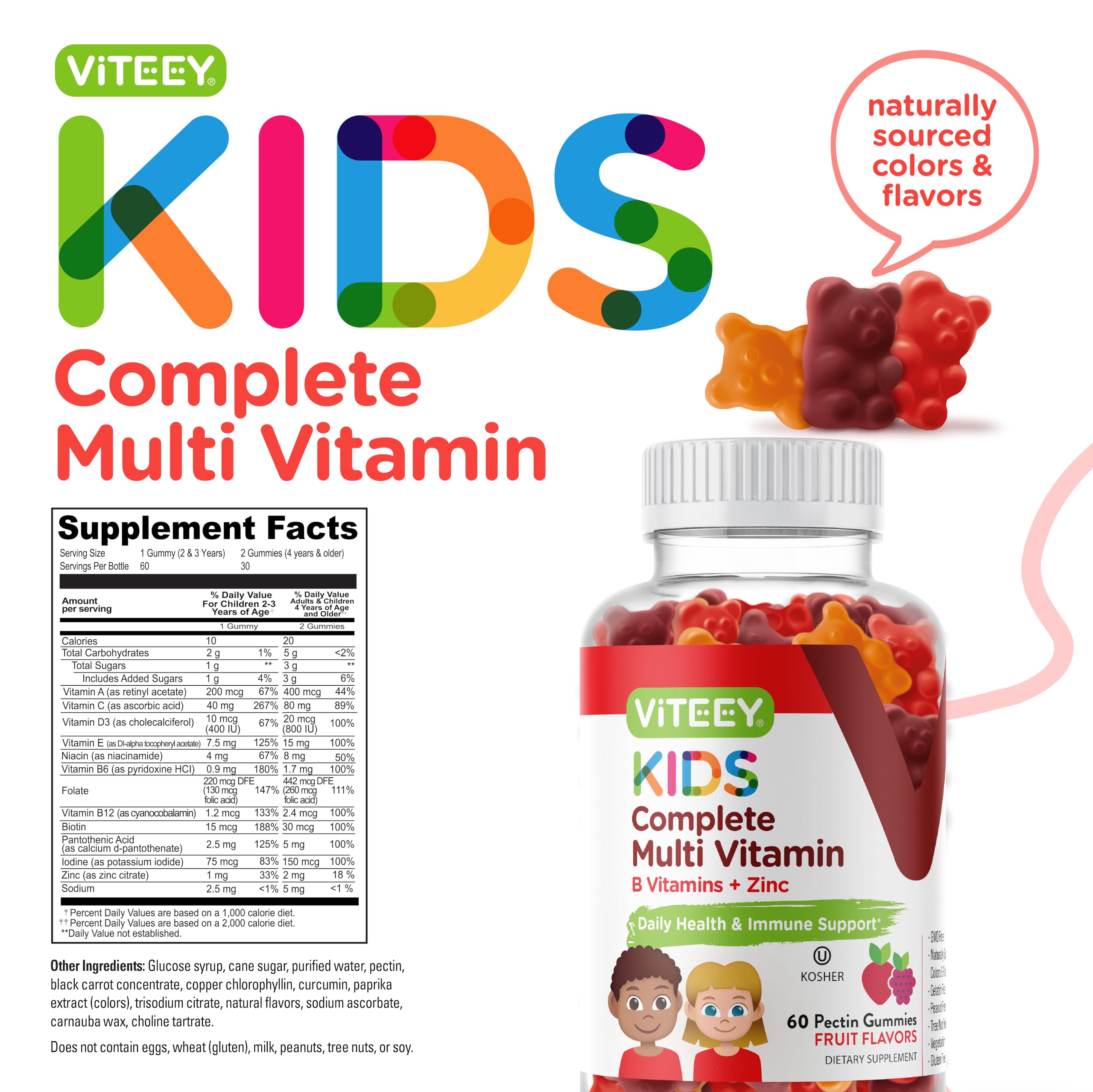 Viteey Kids Multivitamin Gummies, Complete Daily Essential Kids Vitamins - Great for Immune Support & Overall Health - 12 Essential Minerals & Vitamins - Vegetarian, Gelatin Free- Fruit Flavor Gummy