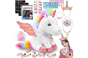 MOZOK 74Pcs Unicorn Toys for Girls, Unicorn Plush Toys Box for Girls Age 3 4 5 6 7 8 9 10, Unicorn Surprise Gifts with Scratch Paper, Unicorn Necklace and Jewelry, Birthday Gifts for Girls
