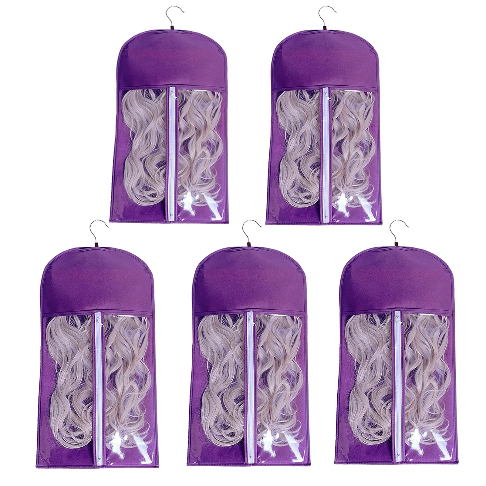5 Pieces Portable Wig Storage Bag with Hanger, Dustproof & Practical, Hair Extensions Holder Case Organizer Protector Pouch (60x29cm,Purple)