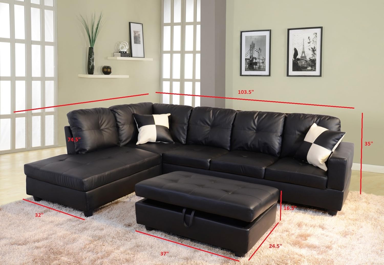 Beverly Fine Funiture Sectional Sofa Set, 91A Black: Furniture & Decor