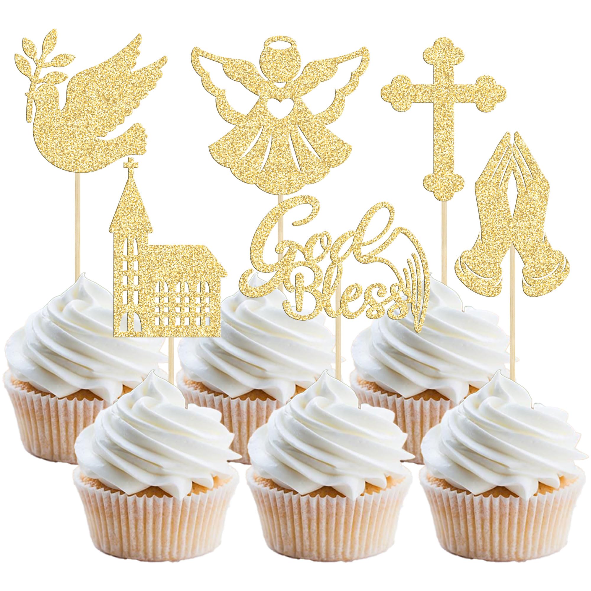 Gyufise 24 Pack God Bless and Baptism Cupcake Toppers with Dove Cross Angel Church Cupcake Picks Religious God Bless Theme Baby Shower Kids Birthday Christmas Party Cake Decorations