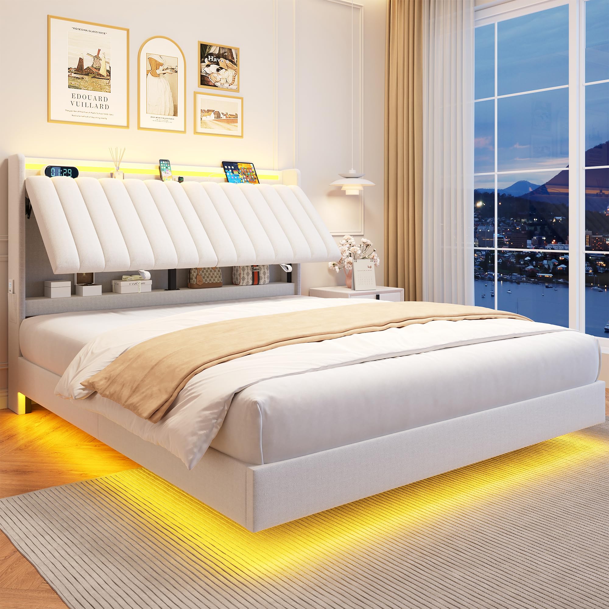 Photo 1 of **MISSING HARDWARE** Jocoevol Queen Size Floating Bed Frame with Ergonomic Hidden Storage Headboard and LED Lights, Visual Floating LED Bed Frame with Charing Station, Velvet Upholstered Platform Bed, Heavy Duty, White