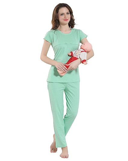 Women Cotton Printed Maternity & Feeding Top & Pyjama Set