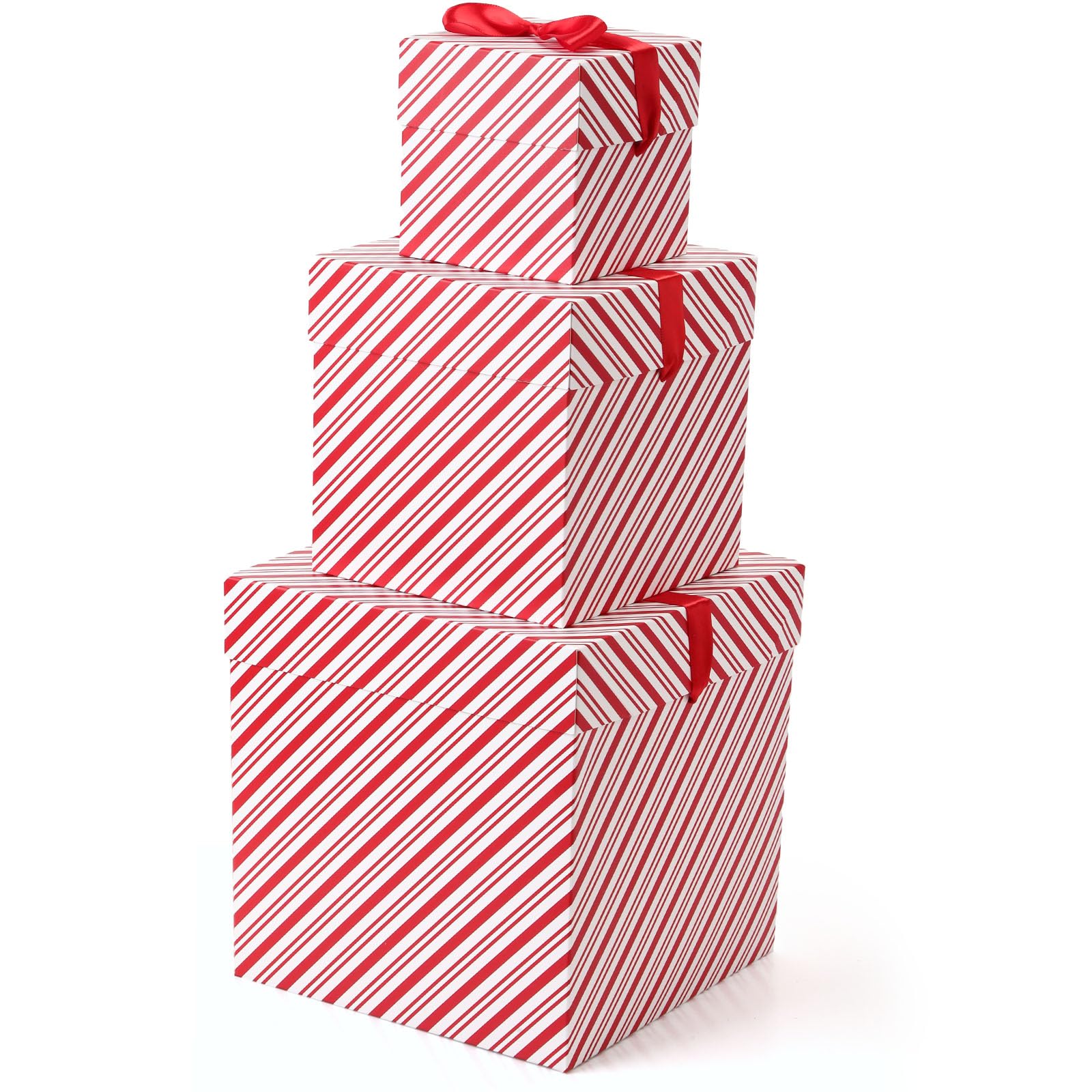 Photo 1 of TecUnite 3 Pcs Christmas Nesting Gift Boxes Candy Cane Striped Christmas Stackable Boxes Decorative with Lids for Present Wrapping Xmas New Year Holiday Party Decor(Red White Stripe)