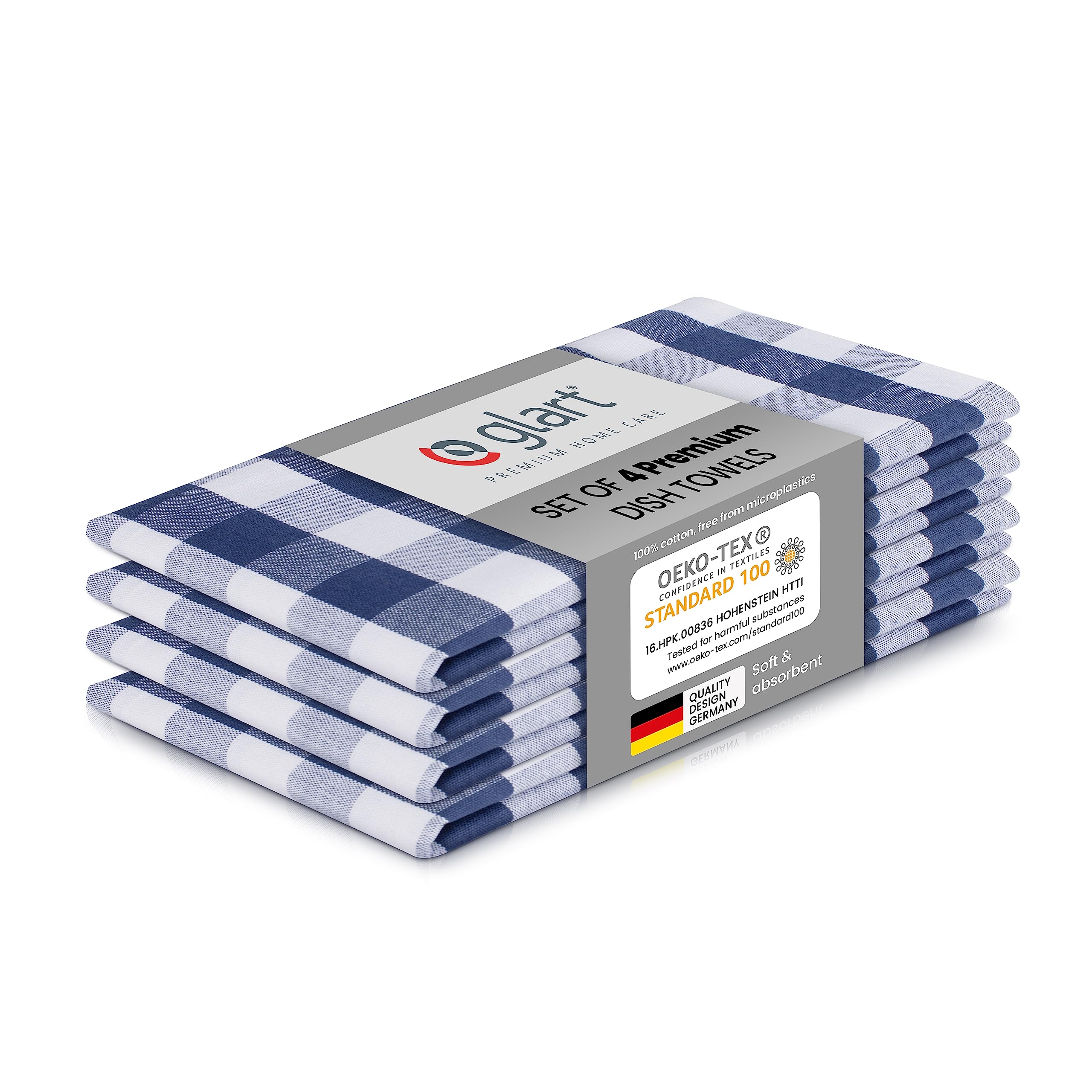 Glart 48BYB Cotton Dish Towels 4-Pack - 50x70cm Bavarian Check Kitchen Towels - absorbent, lint-free & washable - for drying & cleaning - Designed in Germany