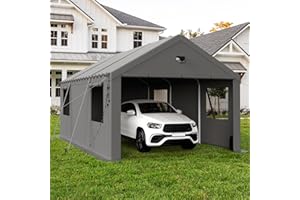 Benass 12x20 Carport, Heavy Duty Carport Canopy Garage with Removable Sidewalls and Drive Through Doors, Grey