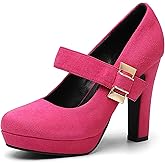 NEWBELLA Women's Platform Pumps - High Heel Closed Toe Dress Shoes with Ankle Strap, Comfortable Block Heel Round Toe Wedding & Party Shoes