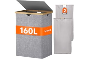 Lifewit 160L Double Laundry Hamper with Lid, Extra Large Bamboo Laundry Basket Dirty Clothes Hamper, 2 Section Laundry Bin Organizer for Laundry Room Bedroom with 2 Removable Liners & Bags, Gray