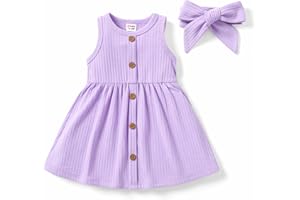 PATPAT Baby Toddler Girl Dresses Infant Sleeveless Summer Tank Dress Sundress Long Sleeve Fall Dress Rib Knit with Headband