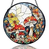 kdqua Mushroom Flower Suncatcher Stained Glass Window Hanging, Full Moon Mushroom Sun Catchers Indoor Window Glass Round Wall Decor, Cottagecore Wall Art Hanging Decorations Statues, 7.9x7.9in