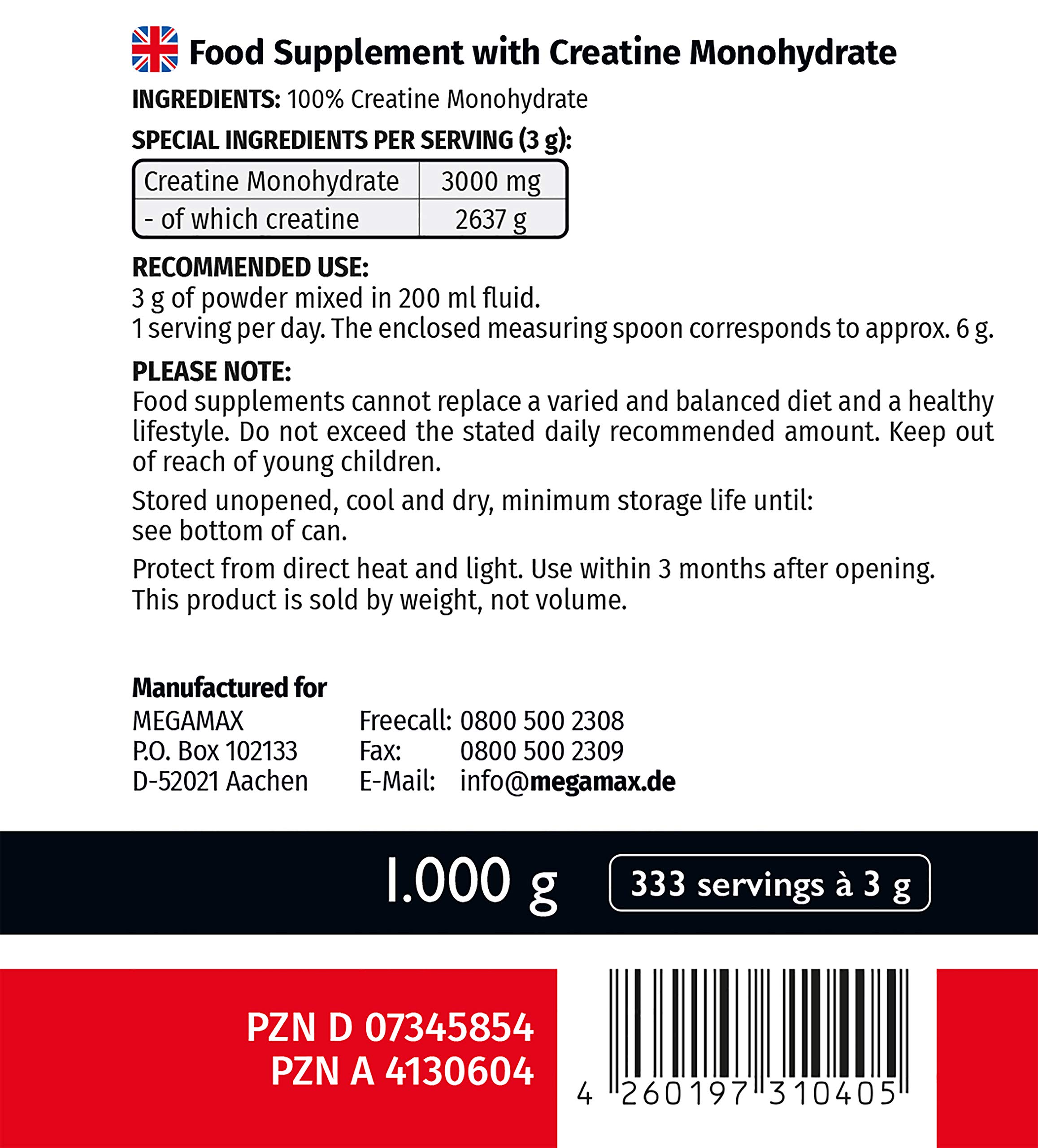 MEGAMAX Kreatin Pulver 1000 g -hochdosiert reines Creatin Monohydrat Creapure (Creapure, 1000 g) 5